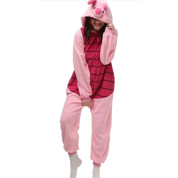 Piglet Halloween Costume Adult Small Pink Pockets Zip Up Plush Sleepwear Teens - Picture 1 of 16
